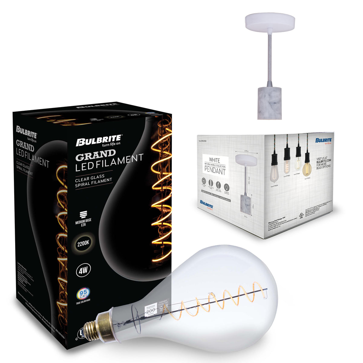 Bulbrite Grand Mini Pendant Light, 4W, 60W Equivalent, 2200K, E26 Base, White Finish, Dimmable, 12.68-Inch Length