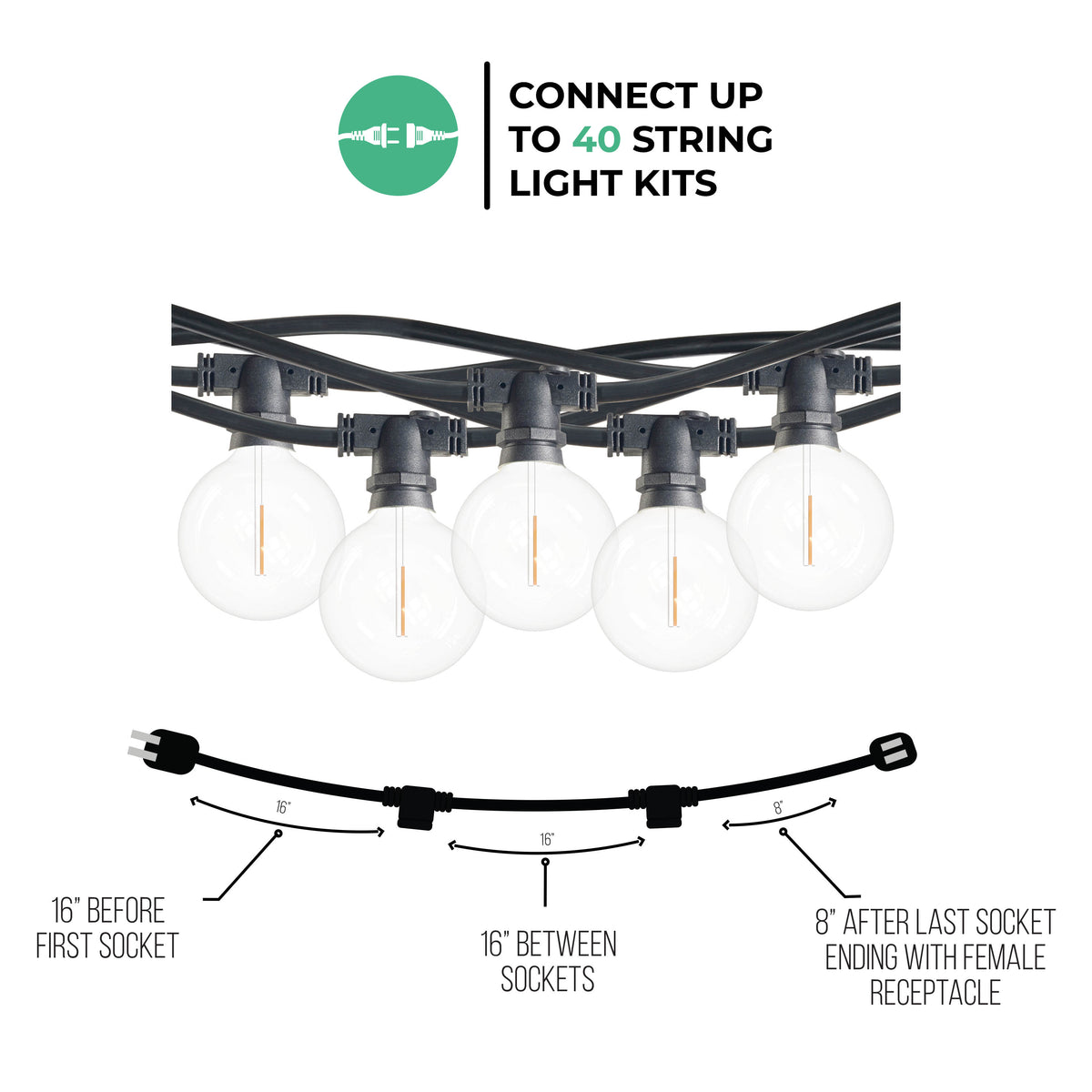 Bulbrite 14-Foot String Light Kit with Clear Shatter Resistant Globe G16 LED Light Bulbs, 2-Pack