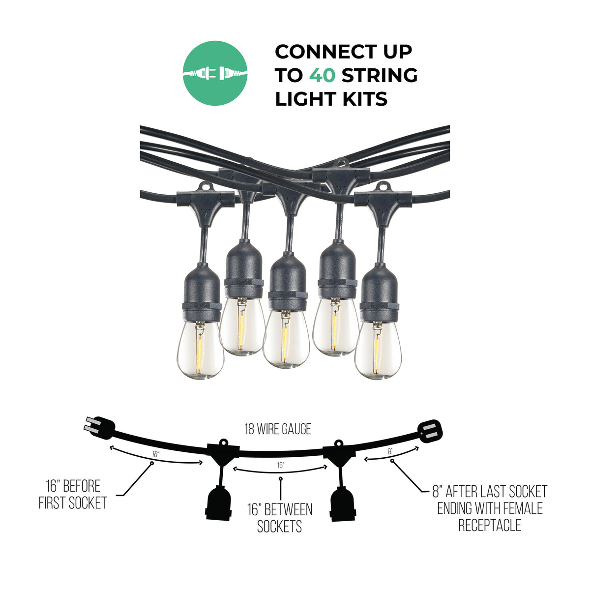 Bulbrite 14-Foot String Light Kit with Clear Shatter Resistant Vintage Style S14 LED Light Bulbs, 2-Pack