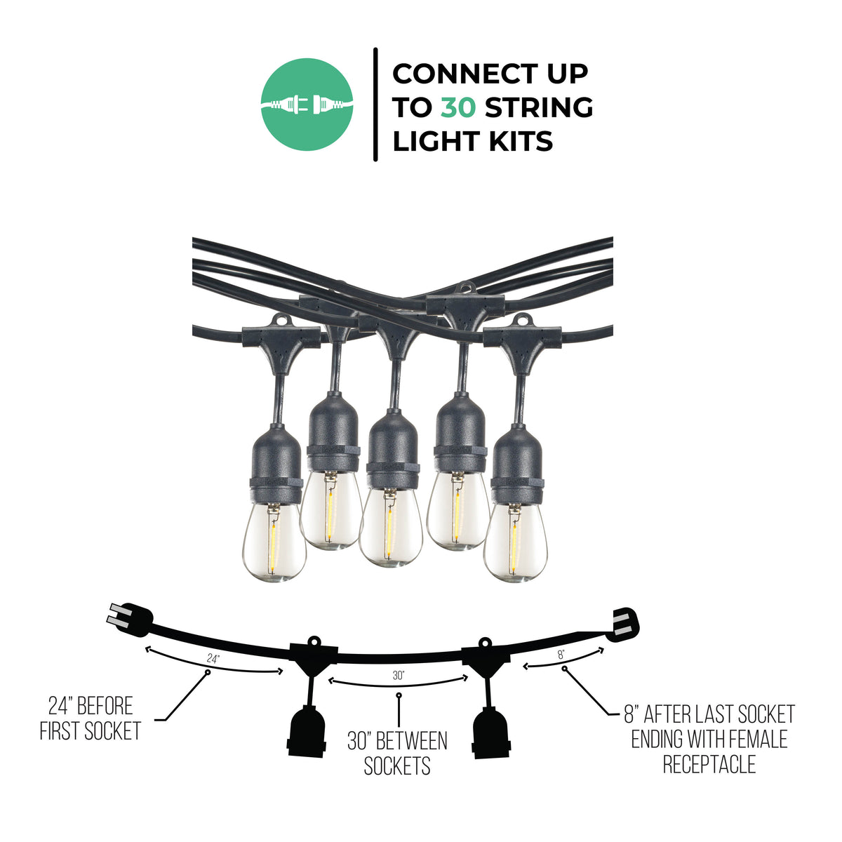 Bulbrite 30-Foot String Light Kit with Clear Shatter Resistant Vintage Style S14 LED Light Bulbs, 2-Pack