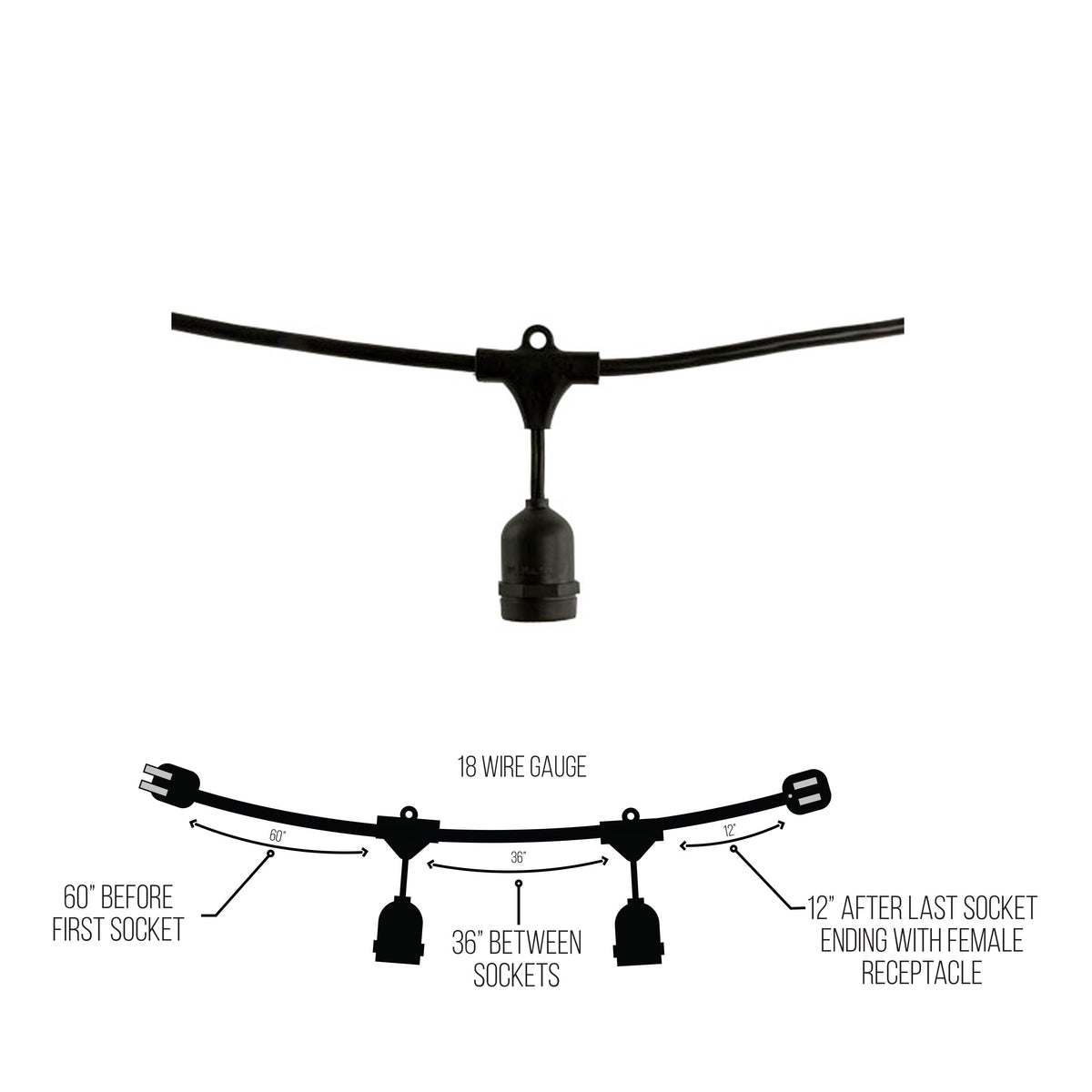 Bulbrite 48-Foot String Light Kit, E26 Base, Black Finish
