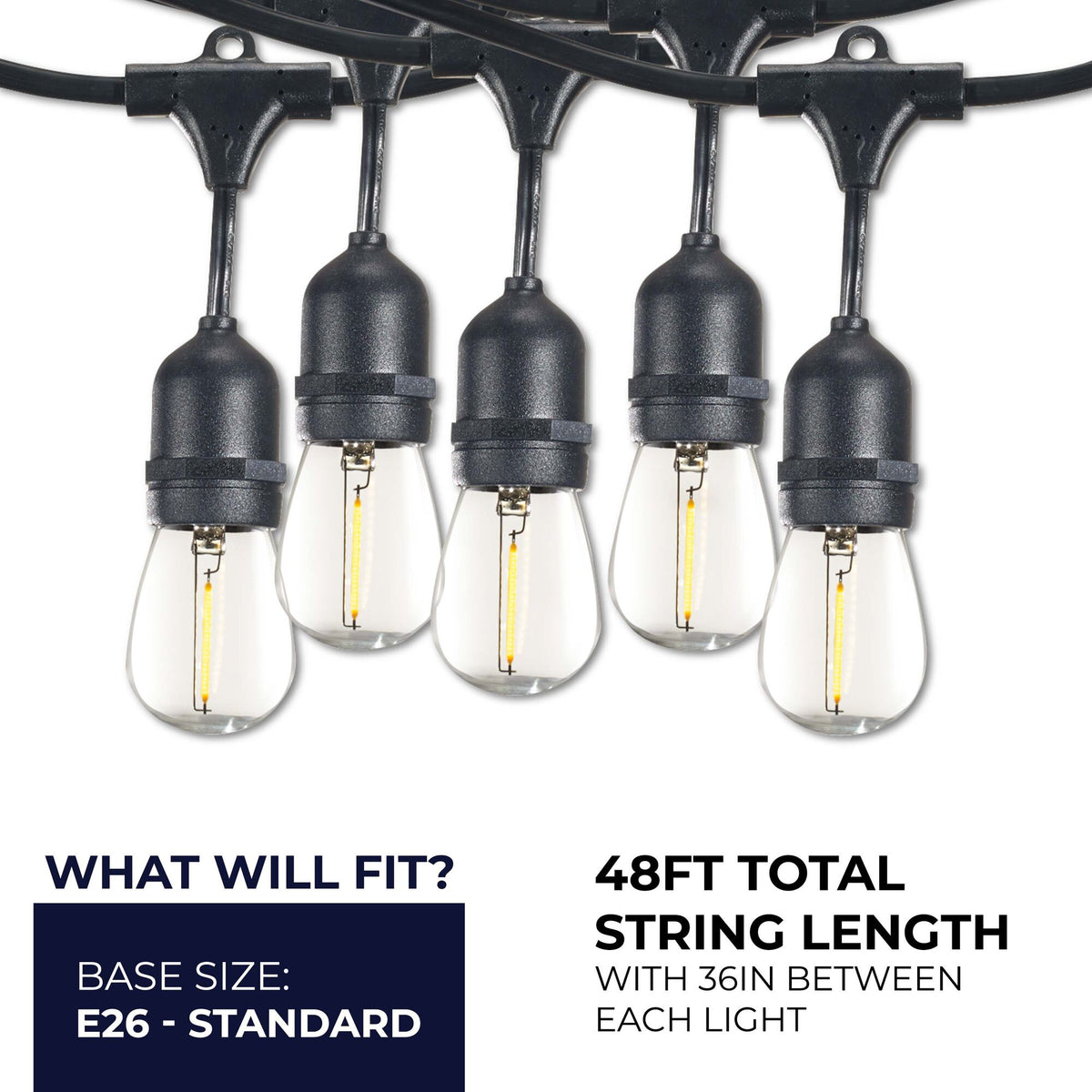 Bulbrite 48-Foot String Light Kit with Clear Shatter Resistant Vintage Style S14 LED Light Bulbs, 2-Pack