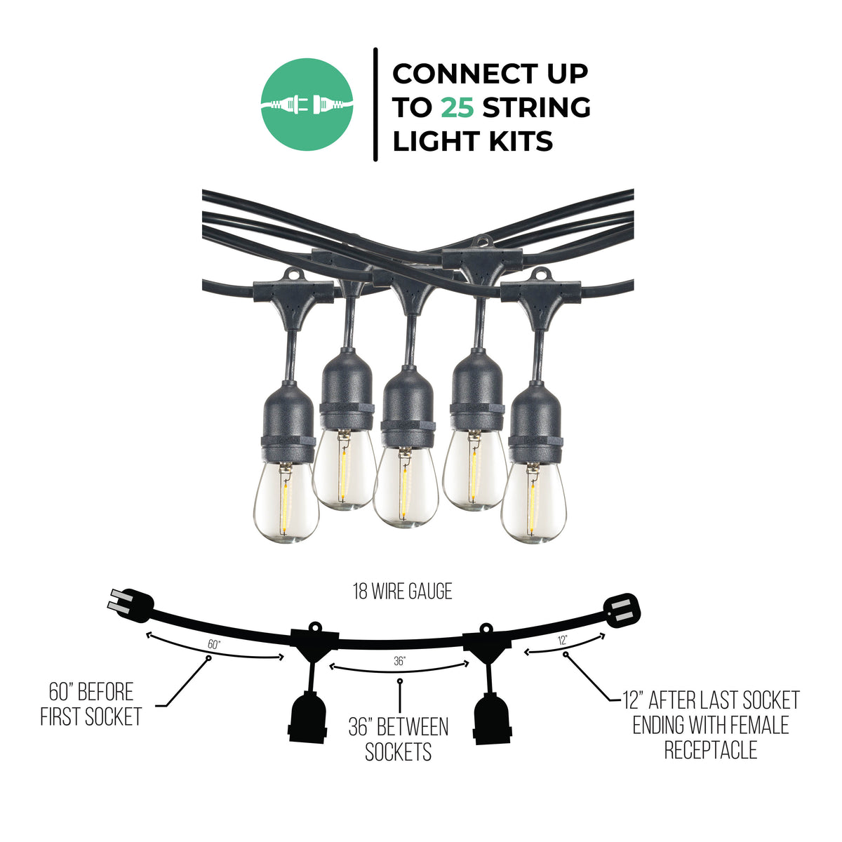 Bulbrite 48-Foot String Light Kit with Clear Shatter Resistant Vintage Style S14 LED Light Bulbs, 2-Pack