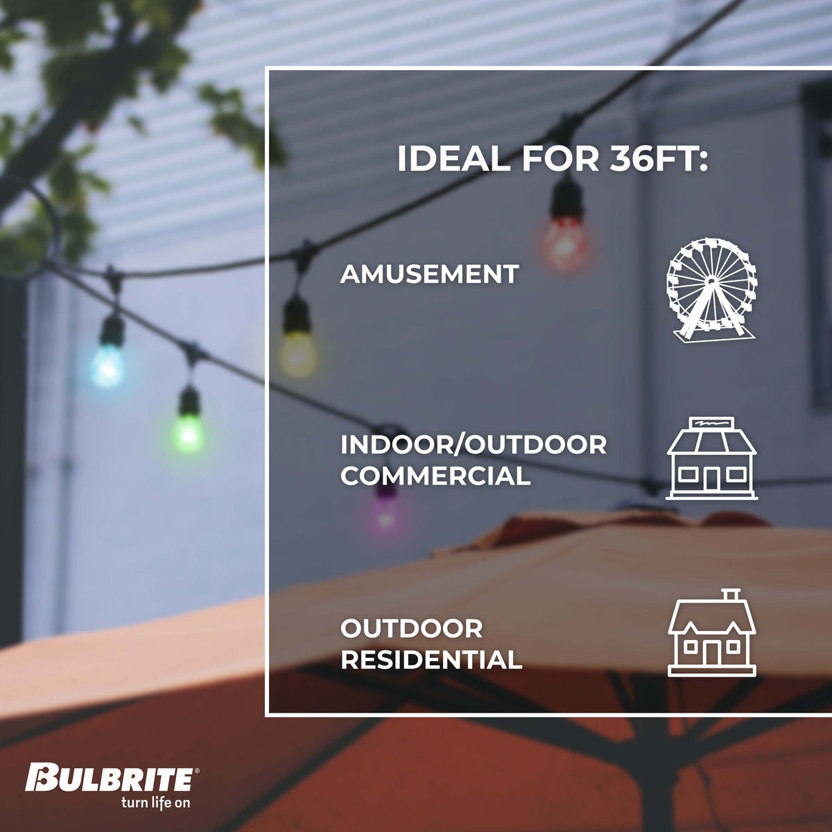 Bulbrite Solana 36 – FT Smart String Light Kit with Shatter Resistant RGB Color Changing LED Light Bulbs