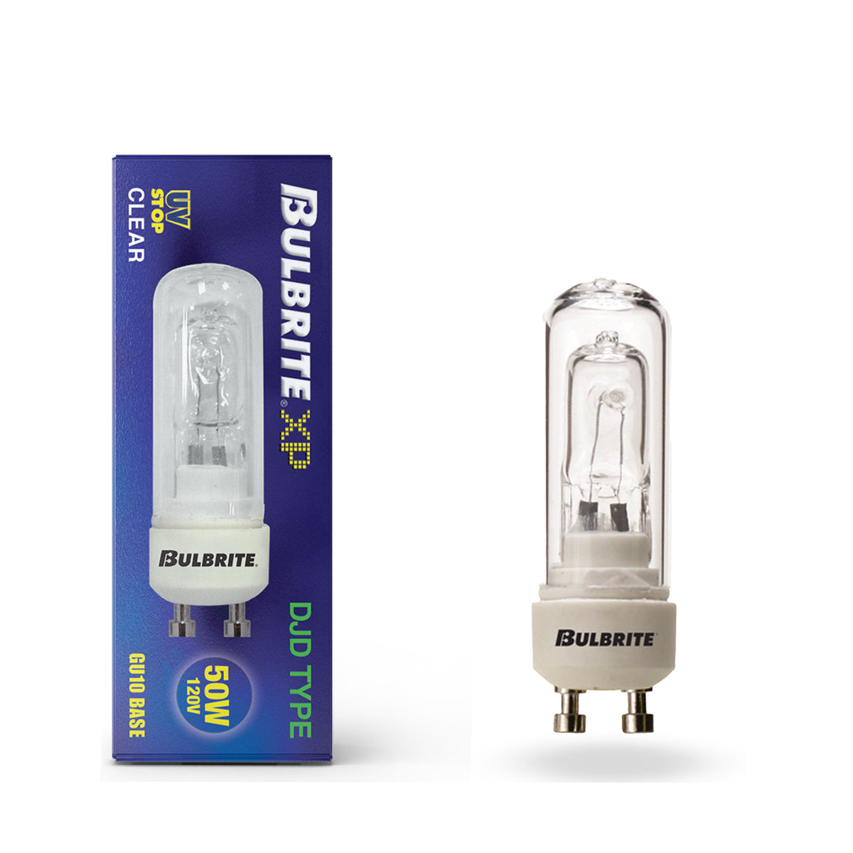 Bulbrite Halogen 120 – Volt Clear Double Envelope DJD Type Tubular Light Bulbs with Twist – and – Lock (GU10) Bi – Pin Base, 50 – Watt, 2900K Soft White Light, 5-Pack