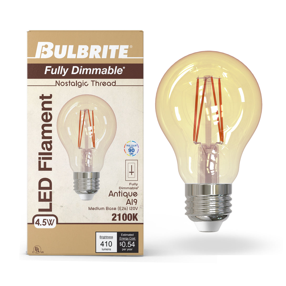 Bulbrite Nostalgic A19 Filament LED Light Bulb, 4.5W, 40W Equivalent, 2100K, E26 Base, Amber Finish, Dimmable, 2-Pack