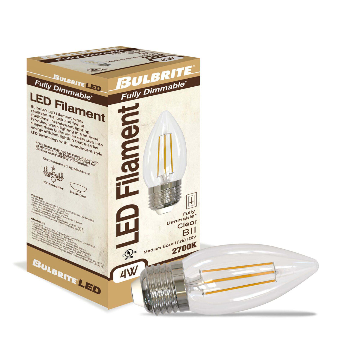 Bulbrite 4.5W Dimmable Clear Filament B11 E26 Medium Base LED Bulb – 350 Lumens, 2700K, and 90 CRI, 4-Pack