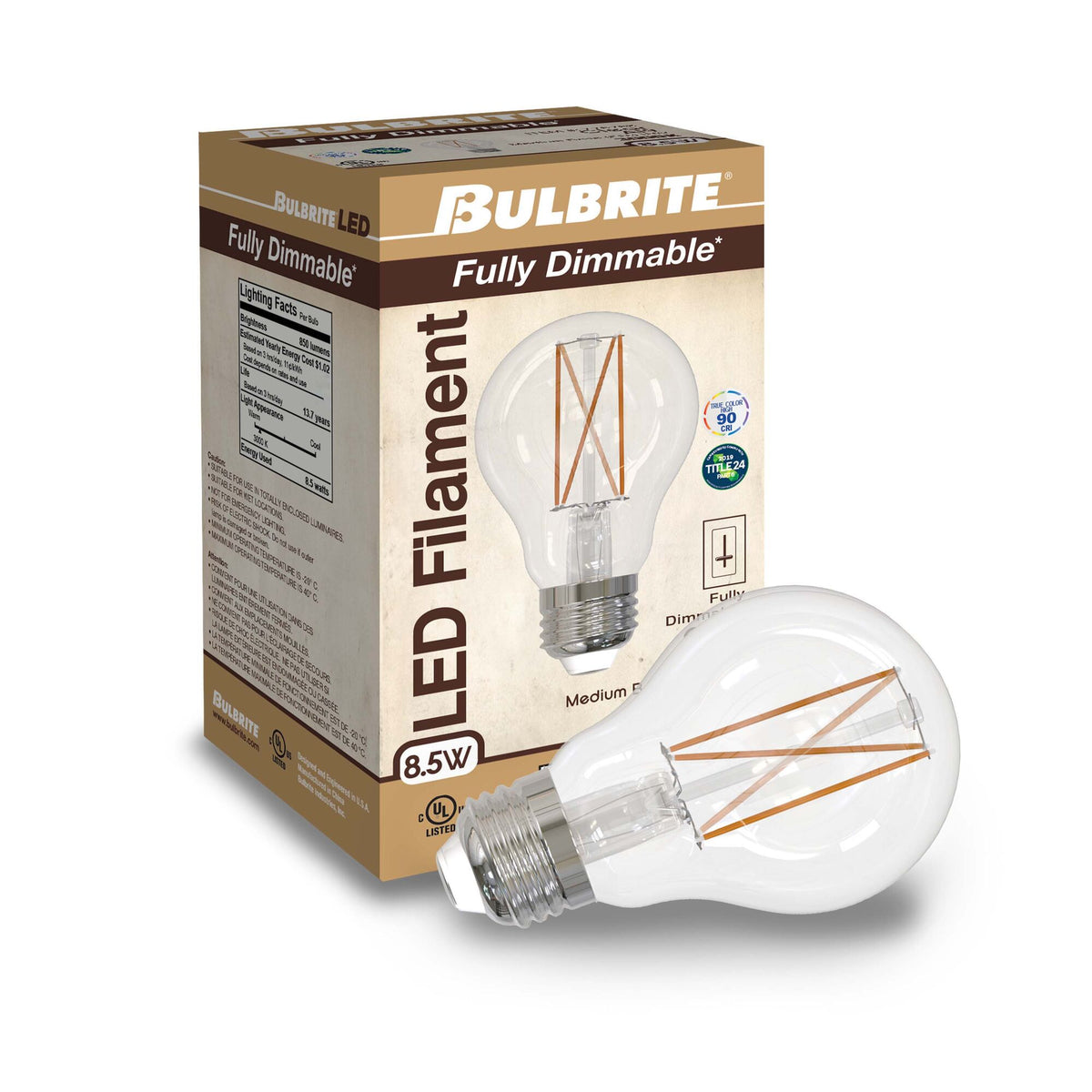 Bulbrite 8.5W Dimmable Clear Filament A19 E26 Medium Base LED Light Bulb – 800 Lumens, 3000K, and 90 CRI, 2-Pack