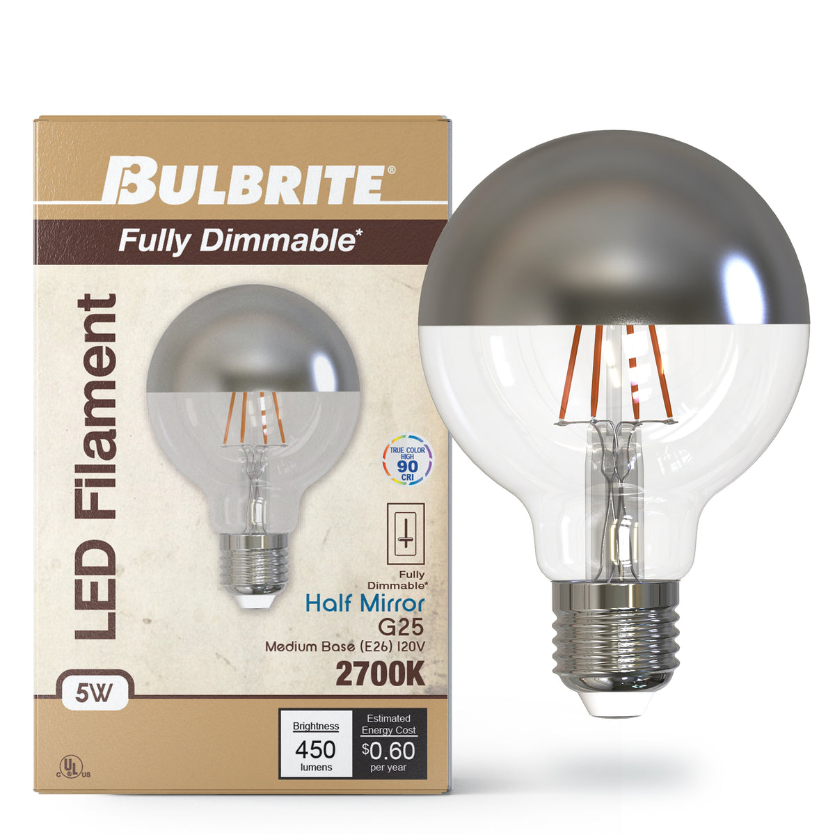 Bulbrite G25 Filament LED Light Bulb, 5W, 40W Equivalent, 2700K, E26 Base, Silver Crown Finish, Dimmable, 2-Pack