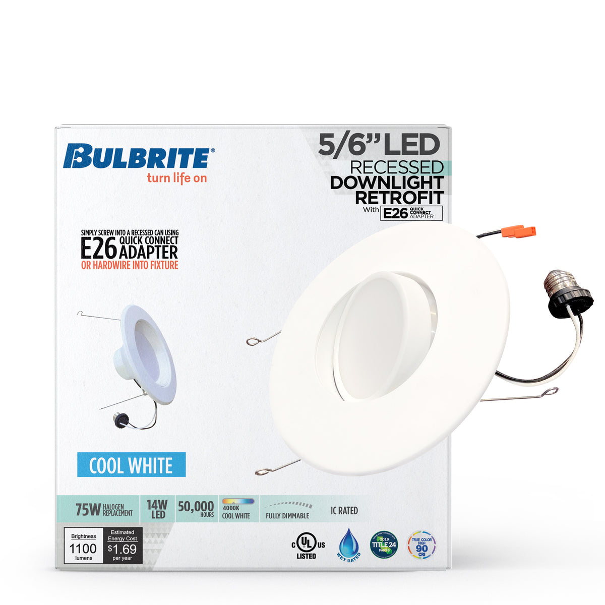 Bulbrite 14W Adjustable 5/6"Integrated LED Recessed Downlight with E26 Quick Connect Adaptor, 4000K Cool White Light, 1100 Lumens, 4-Pack