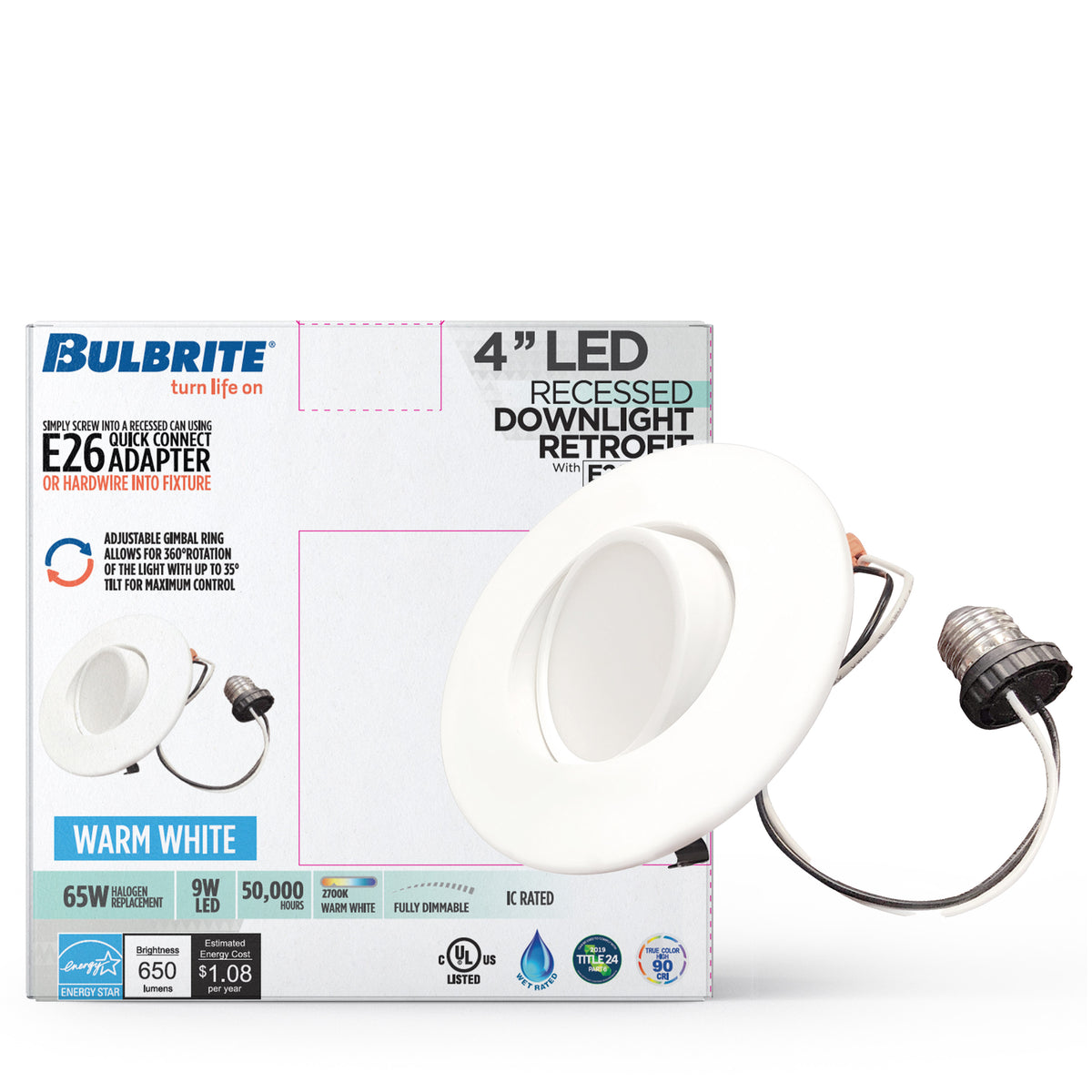 Bulbrite 4'' LED Adjustable Gimbal Retrofit Downlight, 9W, 65W Equivalent, 3000K, E26 Adapter Base, White Finish, Dimmable, 4-Pack