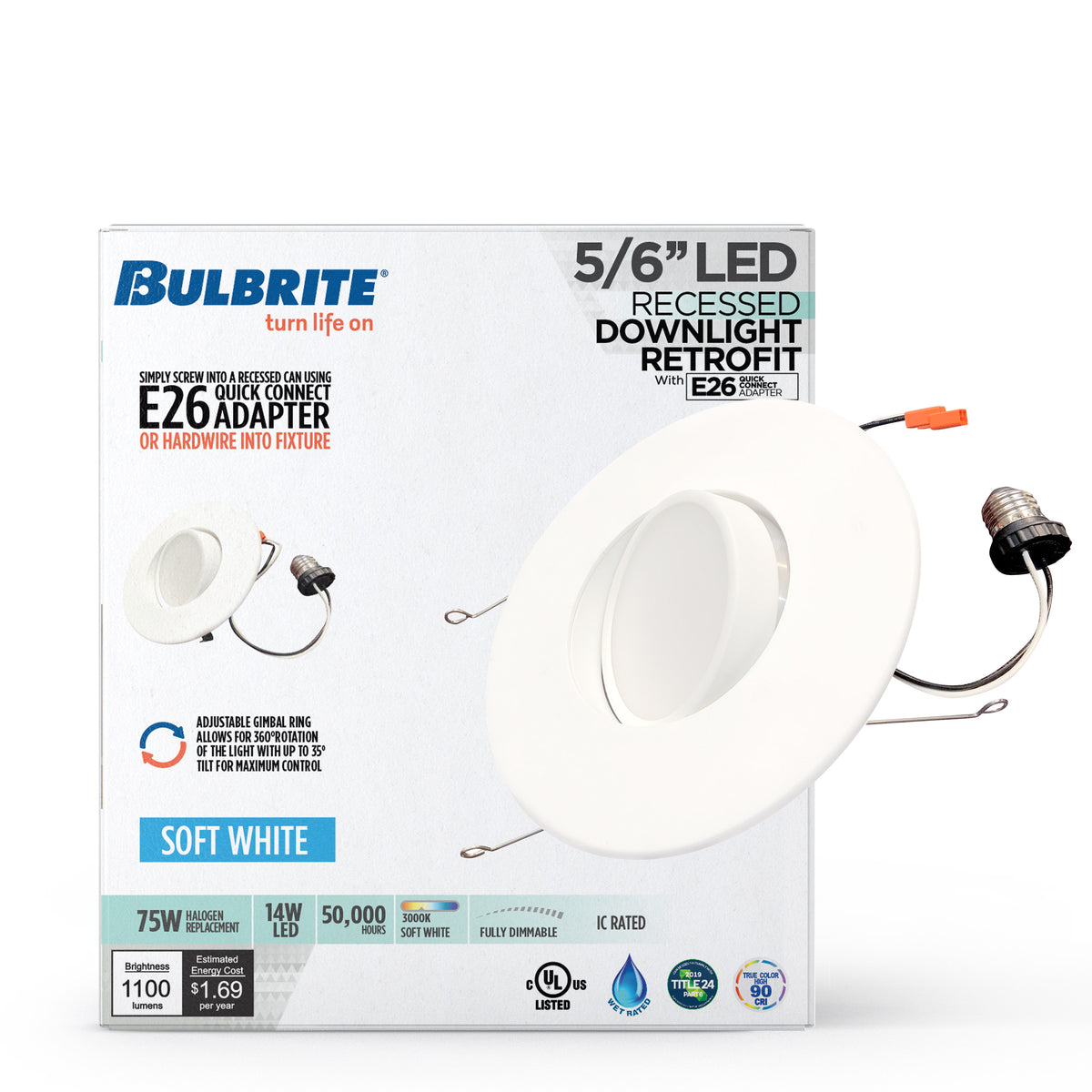 Bulbrite 5/6'' LED Adjustable Gimbal Retrofit Downlight, 14W, 75W Equivalent, 3000K, E26 Adapter Base, White Finish, Dimmable, 4-Pack