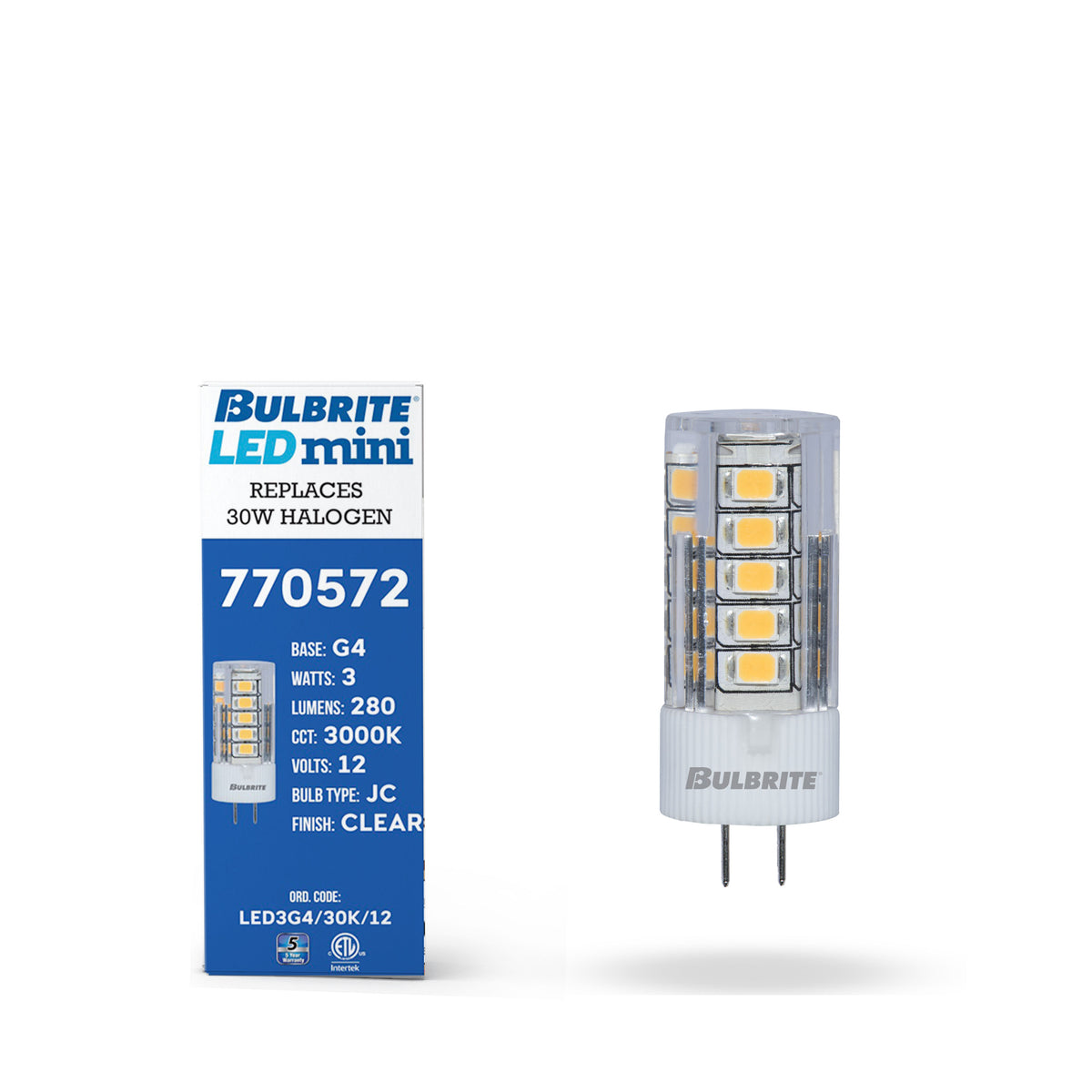 Bulbrite LED 12 – Volt JC Specialty Mini Bulbs with G4 (Bi – Pin) Base, 3W, 3000K Soft White Light, 3-Pack