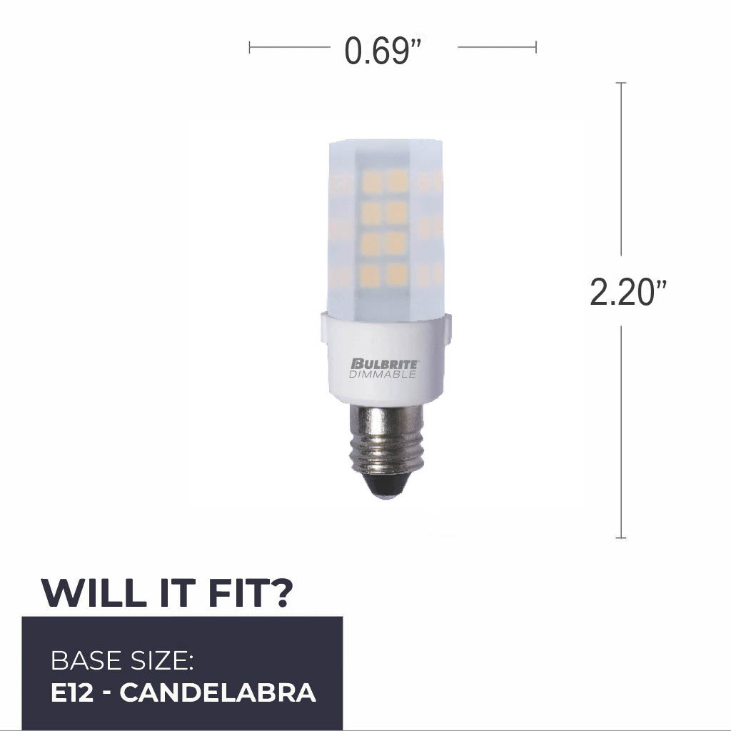 Bulbrite T6 Miniature LED Light Bulb, 4.5W, 40W Equivalent, 2700K, E12 Base, Frost Finish, Dimmable, 2-Pack