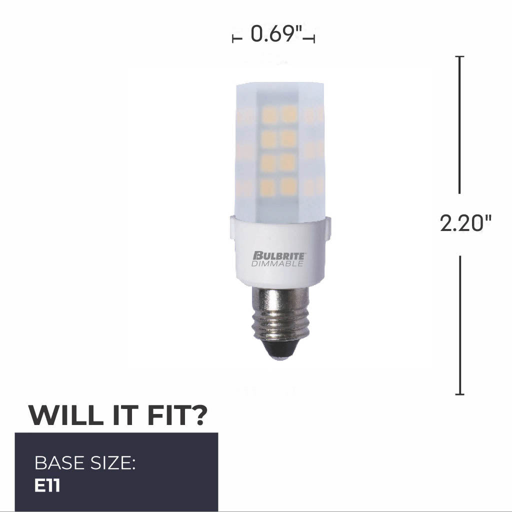 Bulbrite 4.5W Dimmable Frost Mini T4 Mini – Candelabra (E11) LED Bulb – 340 Lumens, 2700K, and 80 CRI, 2-Pack