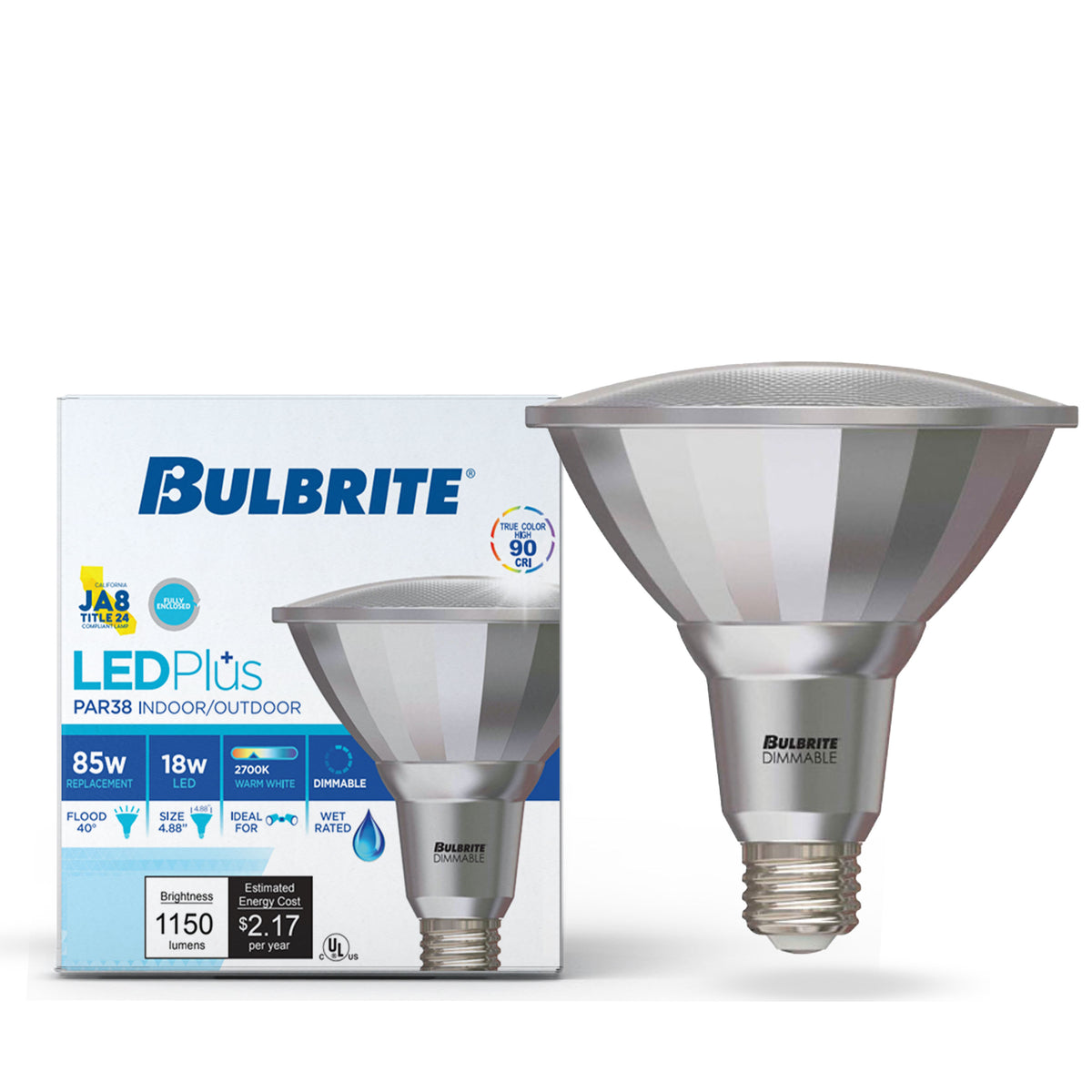 Bulbrite PAR38 LED Light Bulb, 18W, 85W Equivalent, 2700K, E26 Base, Silver Finish, Dimmable, 2-Pack
