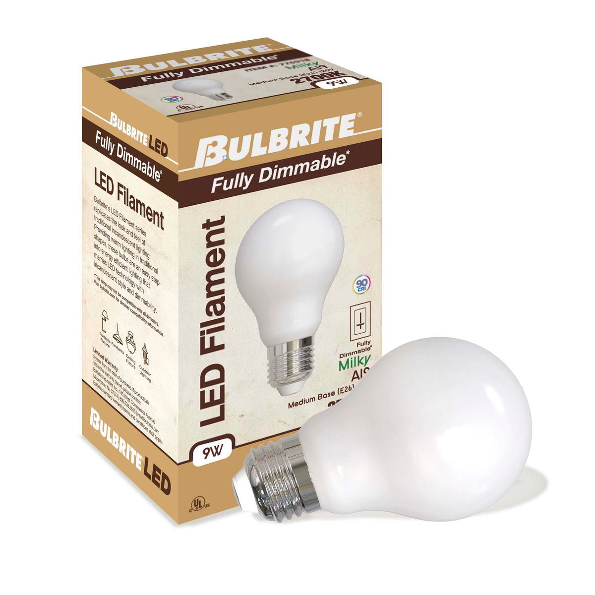 Bulbrite 8.5W Dimmable Milky Finish A19 E26 Medium Base LED Bulb – 1100 Lumens, 2700K, and 80 CRI, 2-Pack