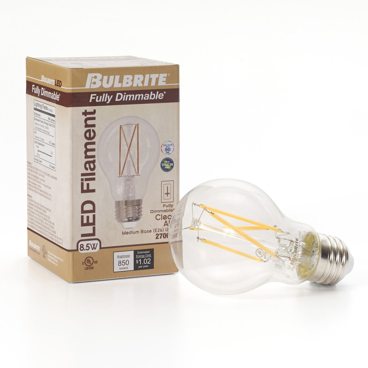 Bulbrite A19 Filament LED Light Bulb, 8.5W, 60W Equivalent, 2700K, E26 Base, Clear Finish, Dimmable, 2-Pack