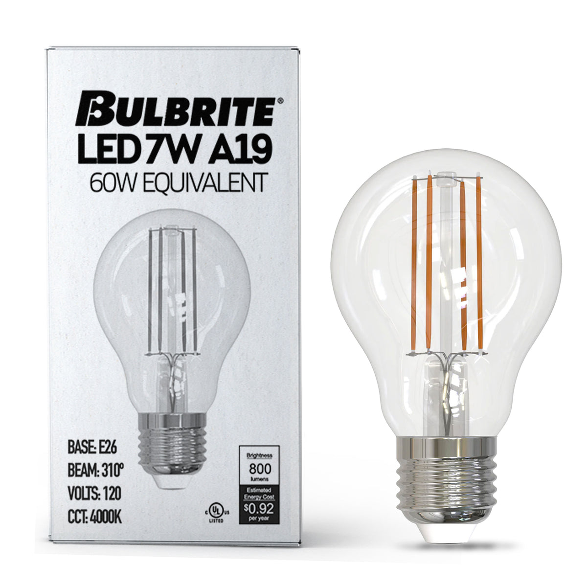 Bulbrite LED Filament, 7W Dimmable A19 Light Bulb with Clear Finish and Medium Screw E26 Base – 4000K Cool White Light, 800 lumens, 8-Pack
