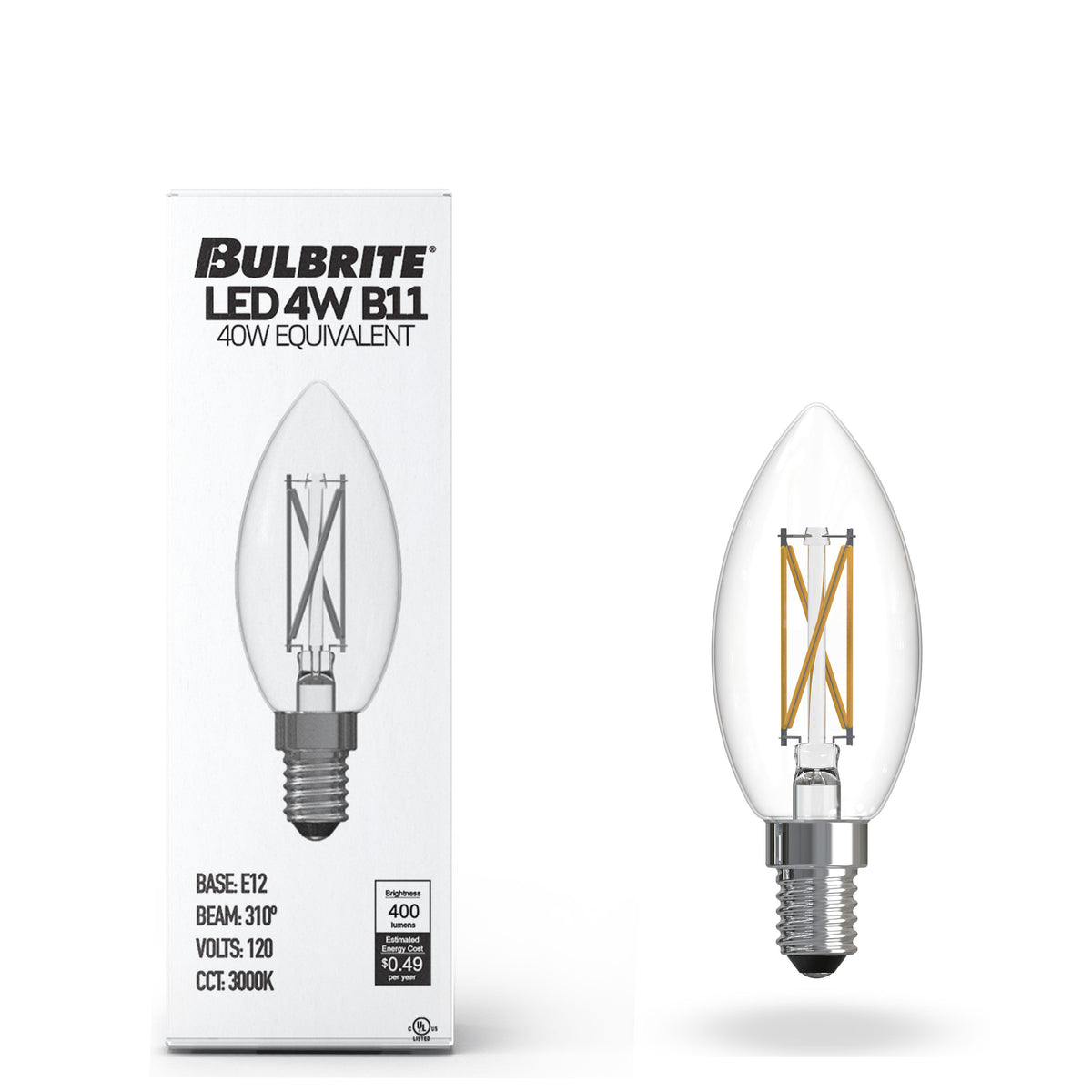Bulbrite B11 Filament LED Light Bulb, 4W, 40W Equivalent, 3000K, E12 Base, Clear Finish, Dimmable, 8-Pack