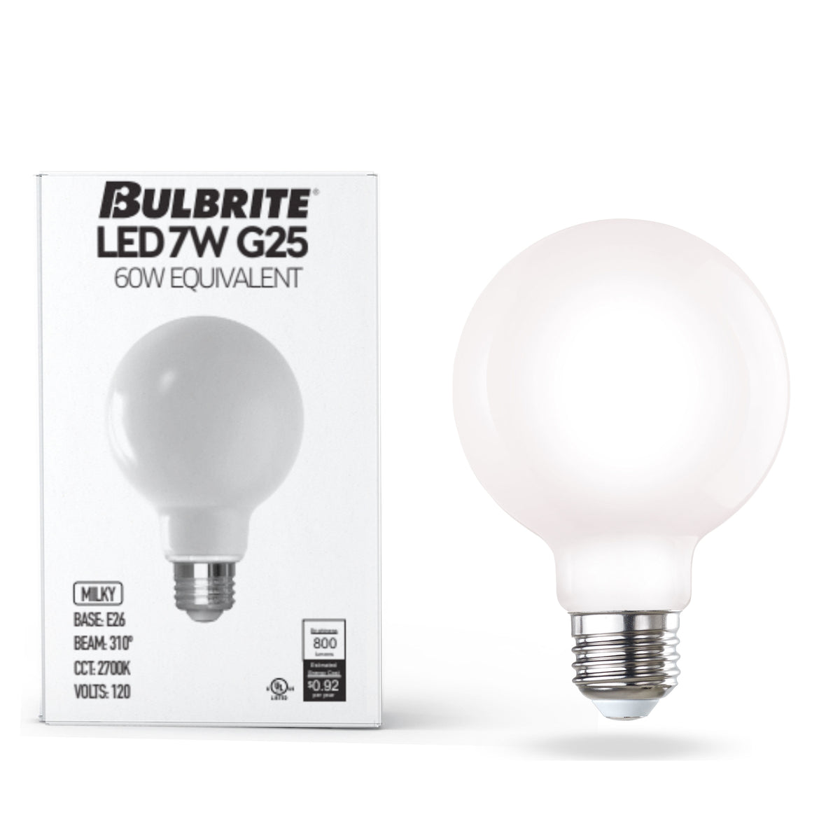 Bulbrite G25 Filament LED Light Bulb, 7W, 60W Equivalent, 2700K, E26 Base, Milky Finish, Dimmable, 8-Pack