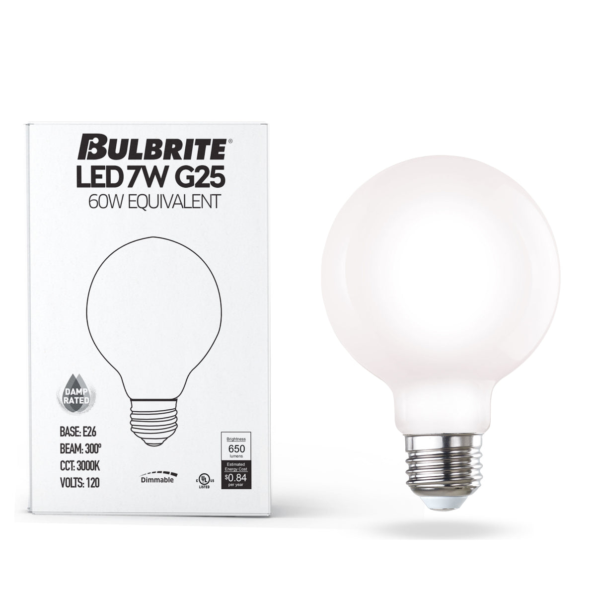 Bulbrite G25 Filament LED Light Bulb, 7.6W, 60W Equivalent, 3000K, E26 Base, Milky Finish, Dimmable, 8-Pack