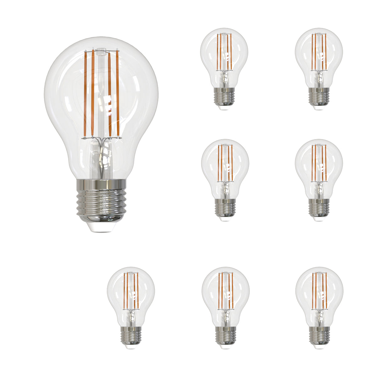 Bulbrite LED Filament Pack of 8, 7 Watt Dimmable A19 Light Bulb with Clear Finish and Medium Screw E26 Base - 4000K(Cool White Light), 800 lumens