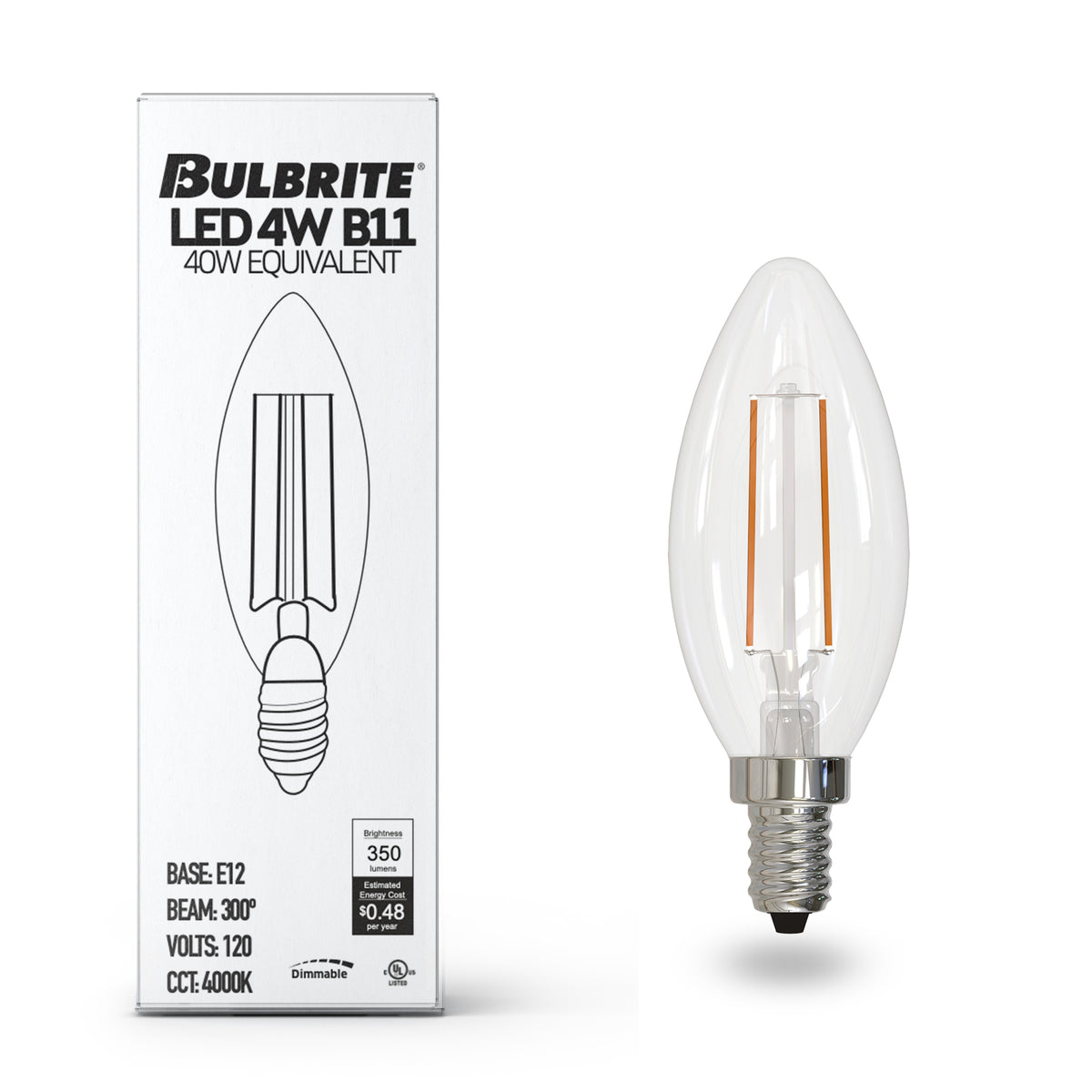 Bulbrite B11 Filament LED Light Bulb, 4.1W, 40W Equivalent, 4000K, E12 Base, Clear Finish, Dimmable, 8-Pack