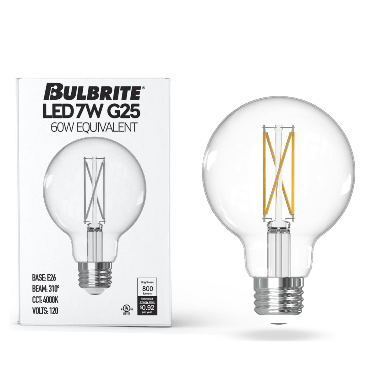 Bulbrite G25 Filament LED Light Bulb, 7W, 60W Equivalent, 4000K, E26 Base, Clear Finish, Dimmable, 8-Pack