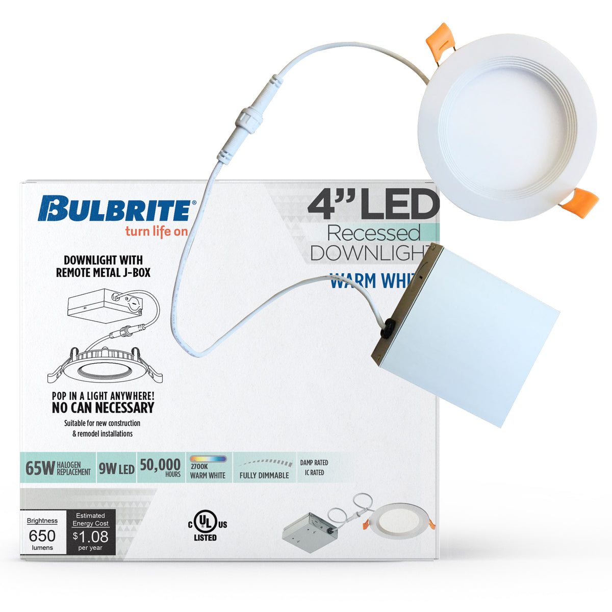Bulbrite 4'' LED Canless Recessed Downlight, 9W, 65W Equivalent, 2700K, Hard Wired, White Finish, Dimmable, 2-Pack, 650 Lumens