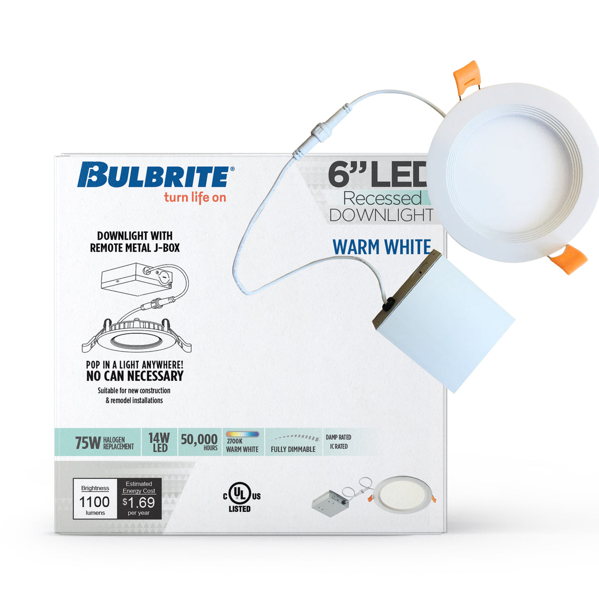 Bulbrite 6'' LED Canless Recessed Downlight, 14W, 70W Equivalent, 2700K, Hard Wired, White Finish, Dimmable, 2-Pack