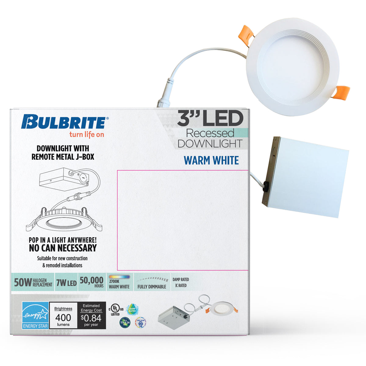 Bulbrite 3'' LED Canless Recessed Downlight, 7W, 50W Equivalent, 2700K, Hard Wired, White Finish, Dimmable, 2-Pack