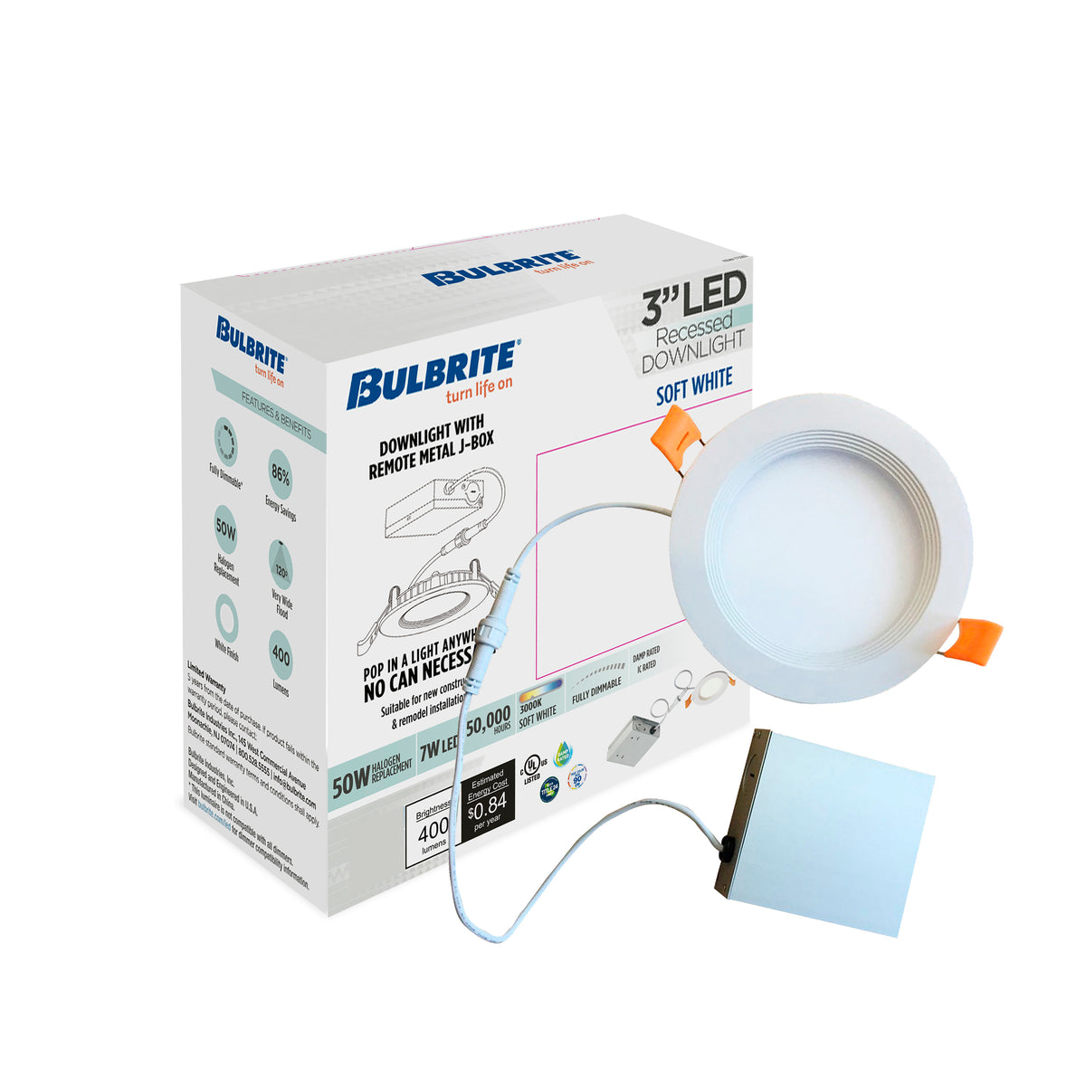 Bulbrite LED 3" Round Recessed Downlight Fixture with Metal Jbox & Baffle, 50W Equivalent, 3000K/Soft White, White Finish, 2-Pack