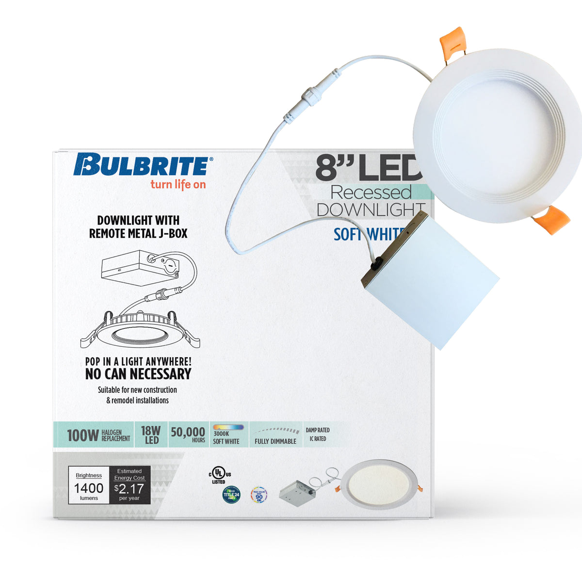 Bulbrite 8'' LED Canless Recessed Downlight, 18W, 100W Equivalent, 4000K, Hard Wired, White Finish, Dimmable, 2-Pack