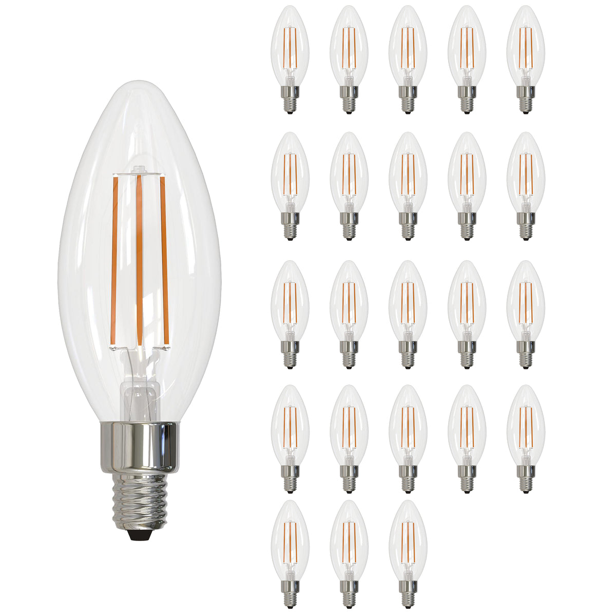 Bulbrite LED Filament Pack of (24) 4 Watt Dimmable B11 Light Bulb with Clear Glass Finish and Candelabra  (E12) Base - 2700K (Warm White Light), 350 Lumens