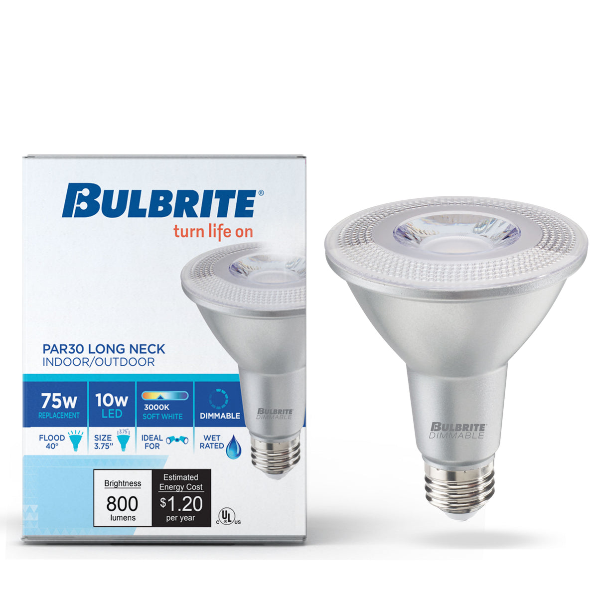 Bulbrite 10W Dimmable Flood PAR30SN E26 Medium Base LED Bulb – 800 Lumens, 3000K, and 90 CRI, 6-Pack