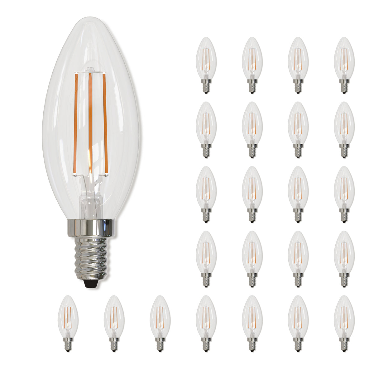 Bulbrite LED Filament Pack of (24) 5 Watt Dimmable B11 Light Bulb with Clear Glass Finish and Candelabra  (E12) Base - 2700K (Warm White Light), 500 Lumens