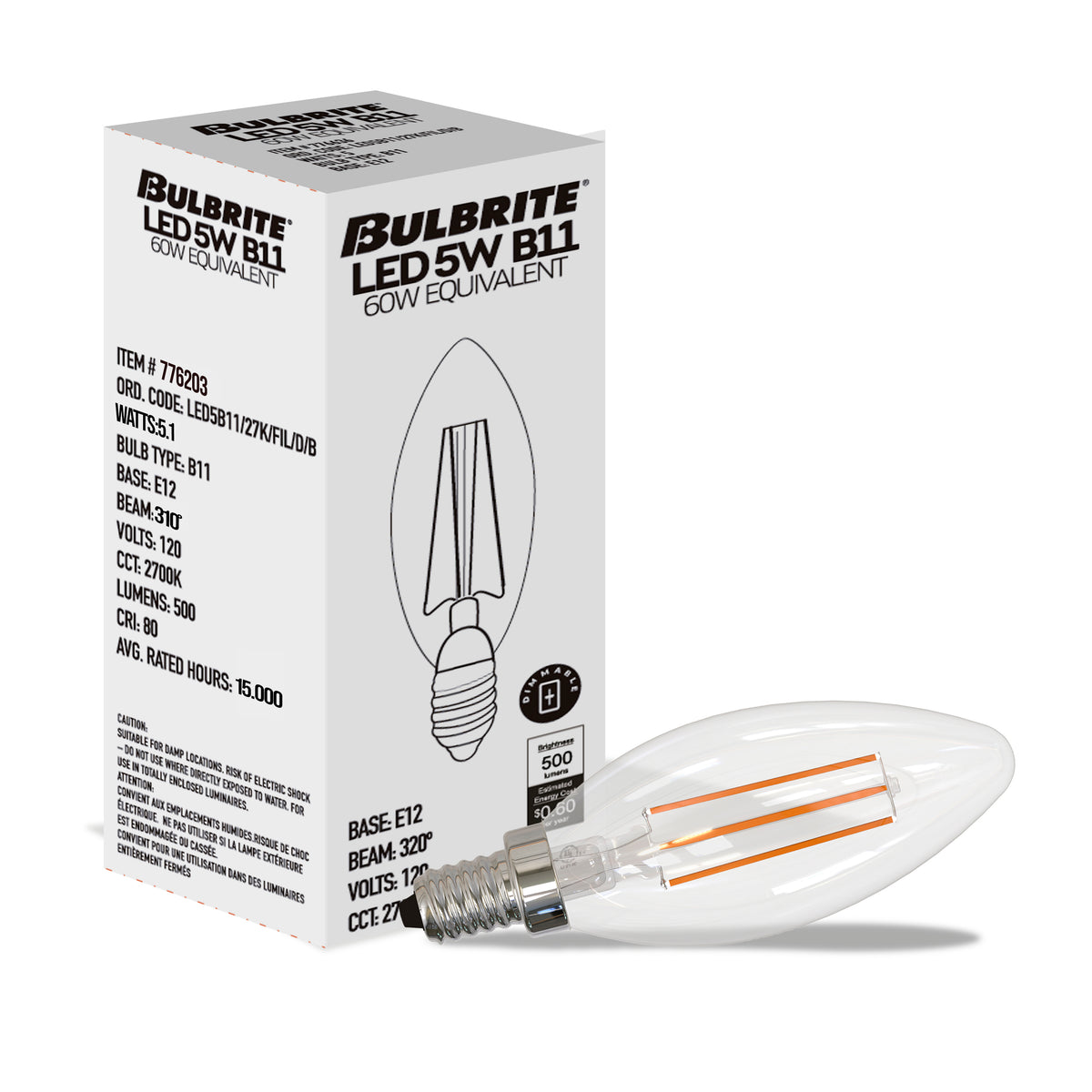 Bulbrite LED Filament 5W Dimmable B11 Light Bulb with Clear Glass Finish and E12 Candelabra Base – 2700K Warm White Light, 500 Lumens, 24-Pack