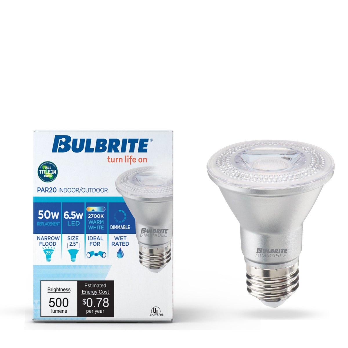 Bulbrite 6.5W Dimmable Narrow Flood PAR20 E26 Medium Base LED Bulb – 488 Lumens, 2700K, and 90 CRI, 6-Pack