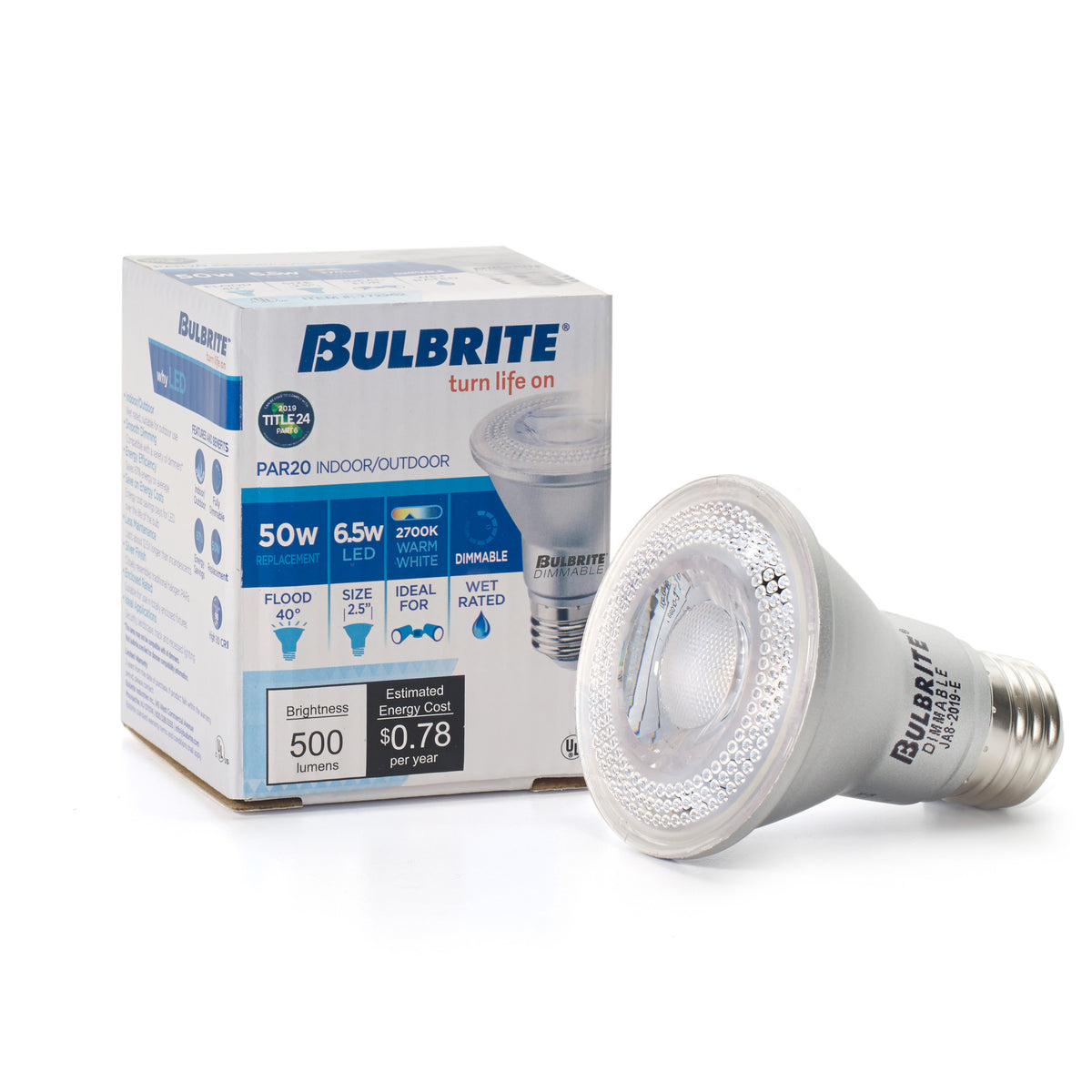 Bulbrite 6.5W Dimmable Flood PAR20 E26 Medium Base LED Bulb – 488 Lumens, 2700K, and 90 CRI, 6-Pack