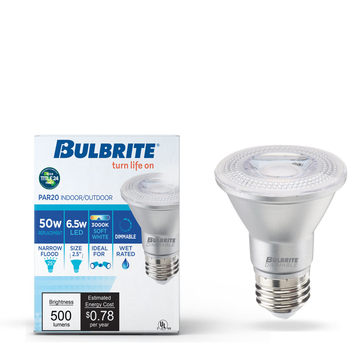 Bulbrite PAR20 LED Reflector Bulb, 6.5W, 50W Equivalent, 3000K, E26 Base, Silver Finish, Dimmable, 6-Pack