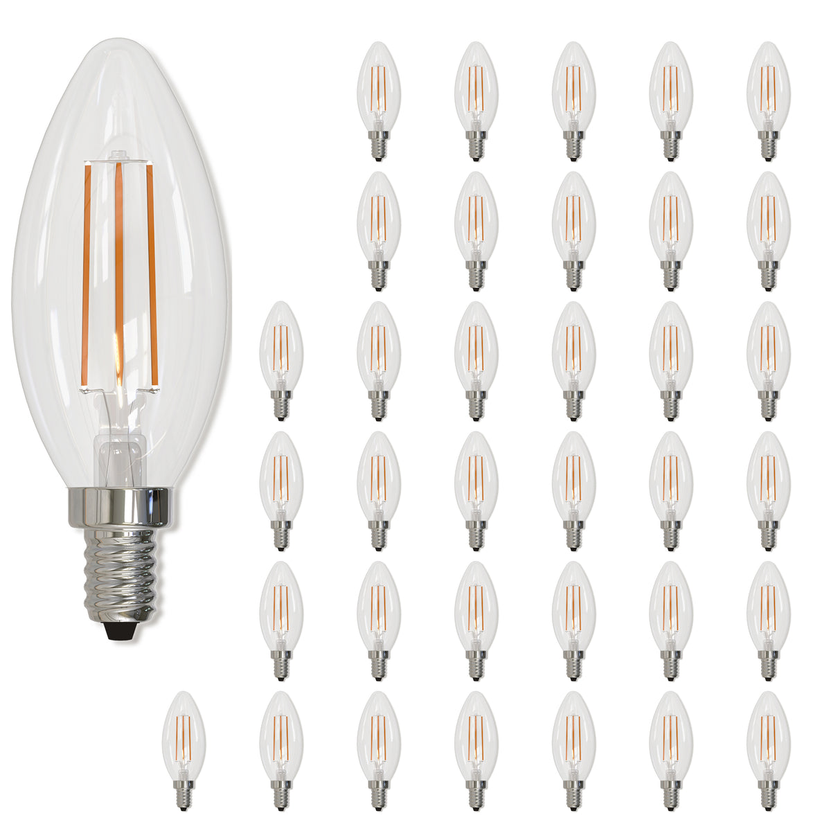 Bulbrite LED Filament Pack of (36) 5 Watt Dimmable B11 Light Bulb with Clear Glass Finish and Candelabra  (E12) Base - 2700K (Warm White Light), 500 Lumens