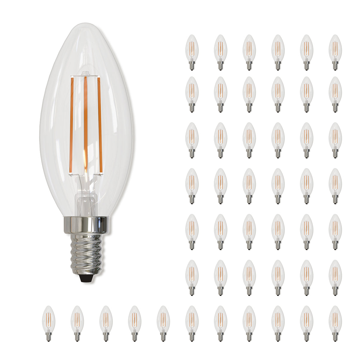 Bulbrite LED Filament Pack of (48) 5 Watt Dimmable B11 Light Bulb with Clear Glass Finish and Candelabra  (E12) Base - 2700K (Warm White Light), 500 Lumens