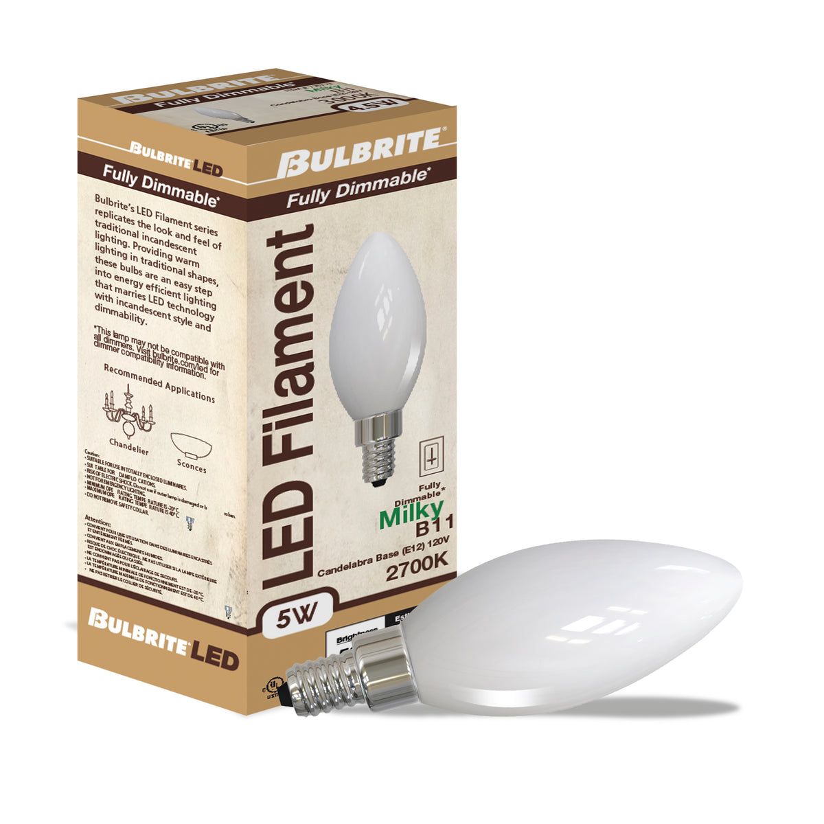 Bulbrite LED Filament 5W Dimmable B11 Light Bulb with Milky Glass Finish and E12 Candelabra Base – 2700K Warm White Light, 500 Lumens, 48-Pack