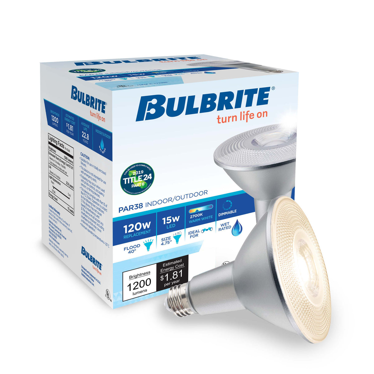 Bulbrite 15W Dimmable Flood PAR38 E26 Medium Base LED Bulb – 1200 Lumens, 2700K, and 90 CRI, 2-Pack