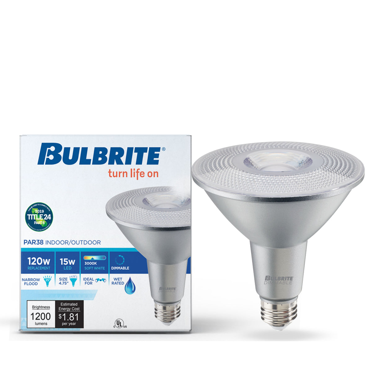 Bulbrite PAR38 LED Reflector Bulb, 15W, 120W Equivalent, 3000K, E26 Base, Silver Finish, Dimmable, 2-Pack