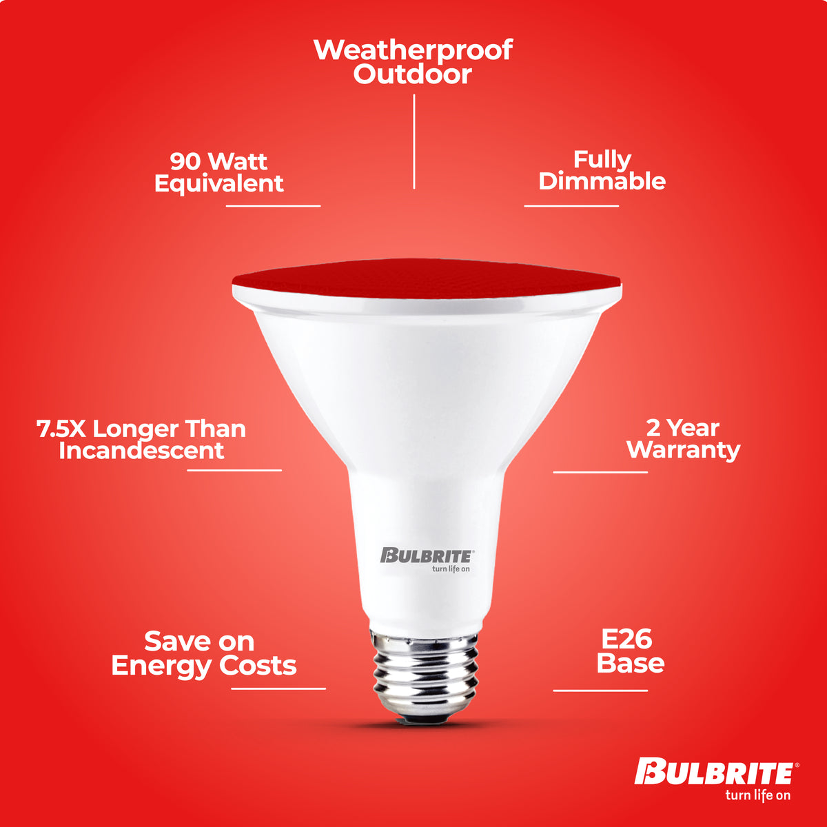 Bulbrite PAR38 LED Reflector Bulb, 15W, 90W Equivalent, E26 Base, Red Finish, Dimmable, 2-Pack
