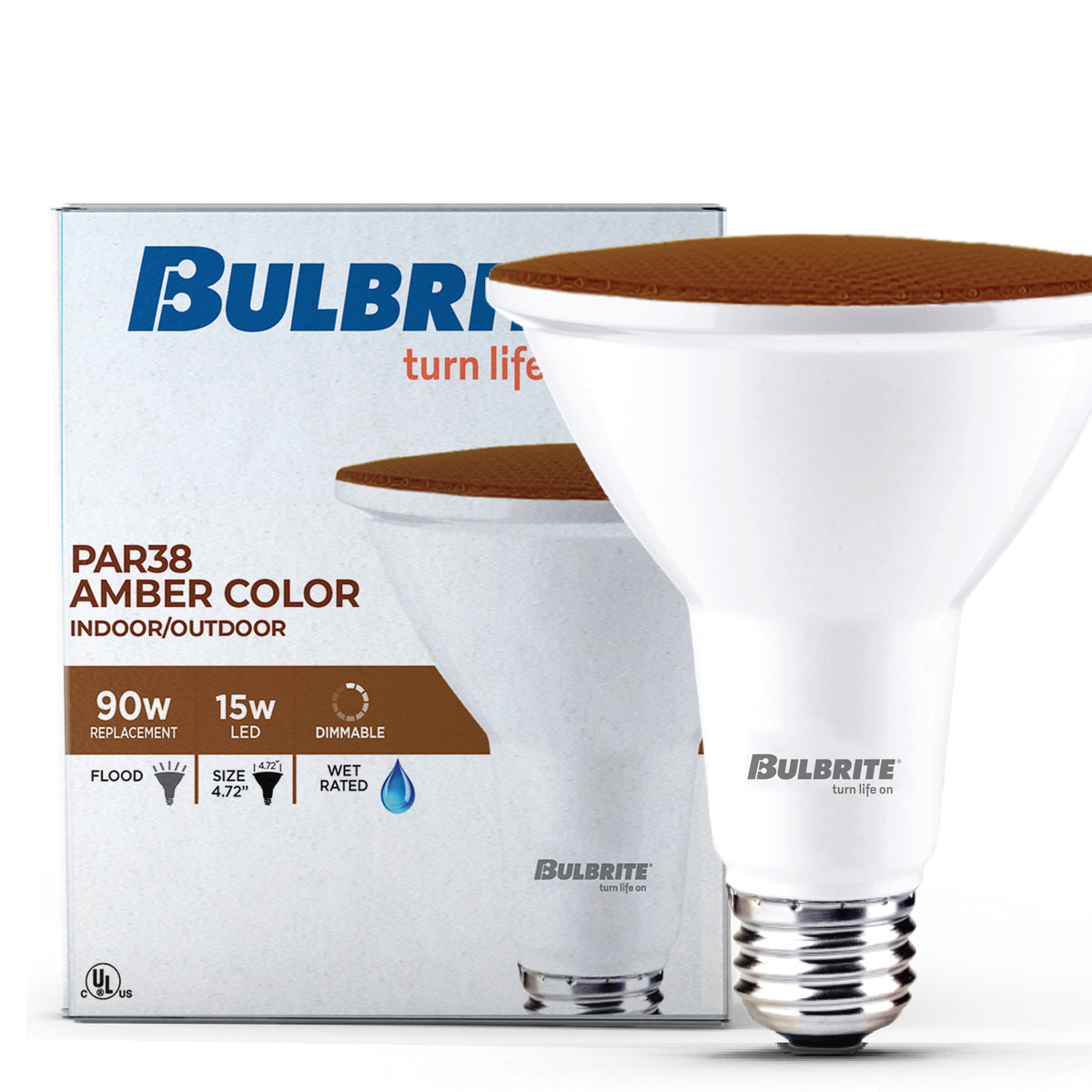 Bulbrite PAR38 LED Reflector Bulb, 15W, 90W Equivalent, E26 Base, Amber Finish, Dimmable, 2-Pack