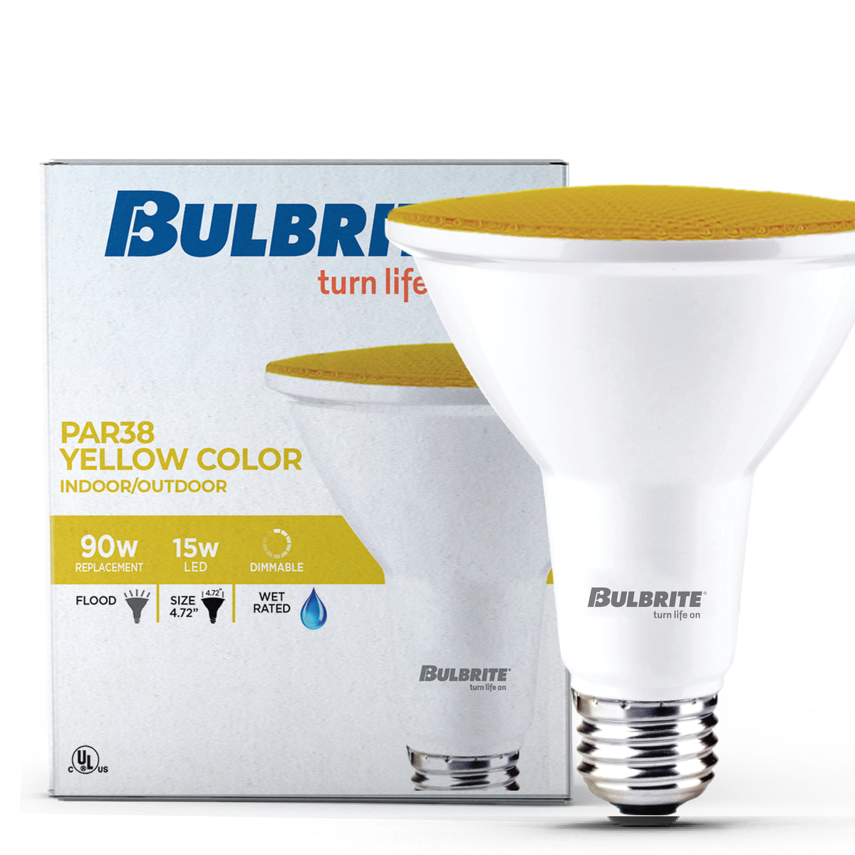 Bulbrite PAR38 LED Reflector Bulb, 15W, 90W Equivalent, E26 Base, Yellow Finish, Dimmable, 2-Pack