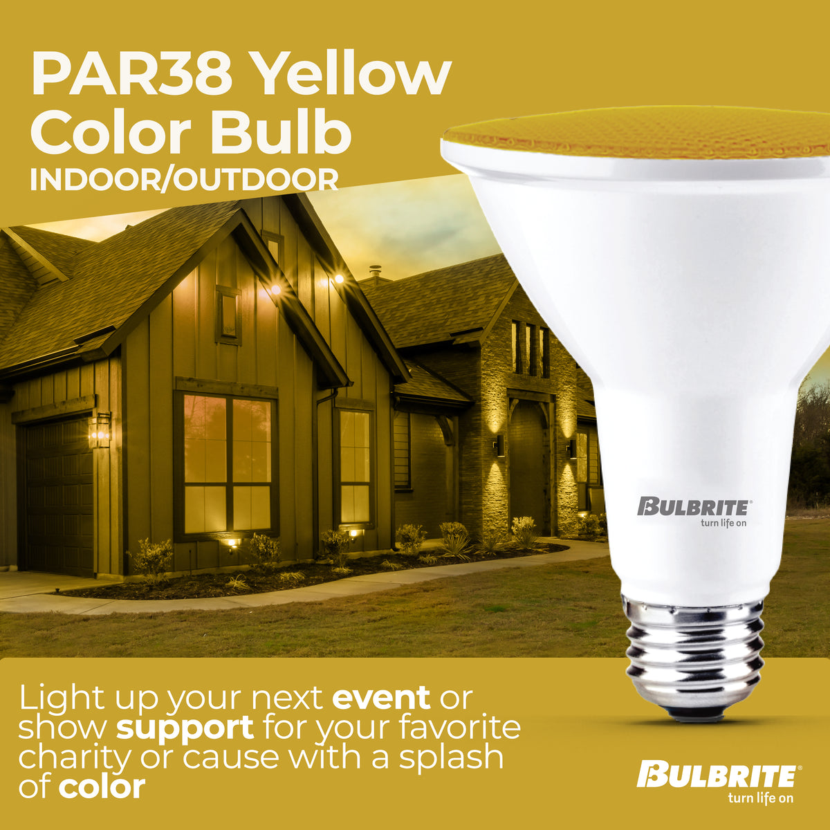 Bulbrite PAR38 LED Reflector Bulb, 15W, 90W Equivalent, E26 Base, Yellow Finish, Dimmable, 2-Pack